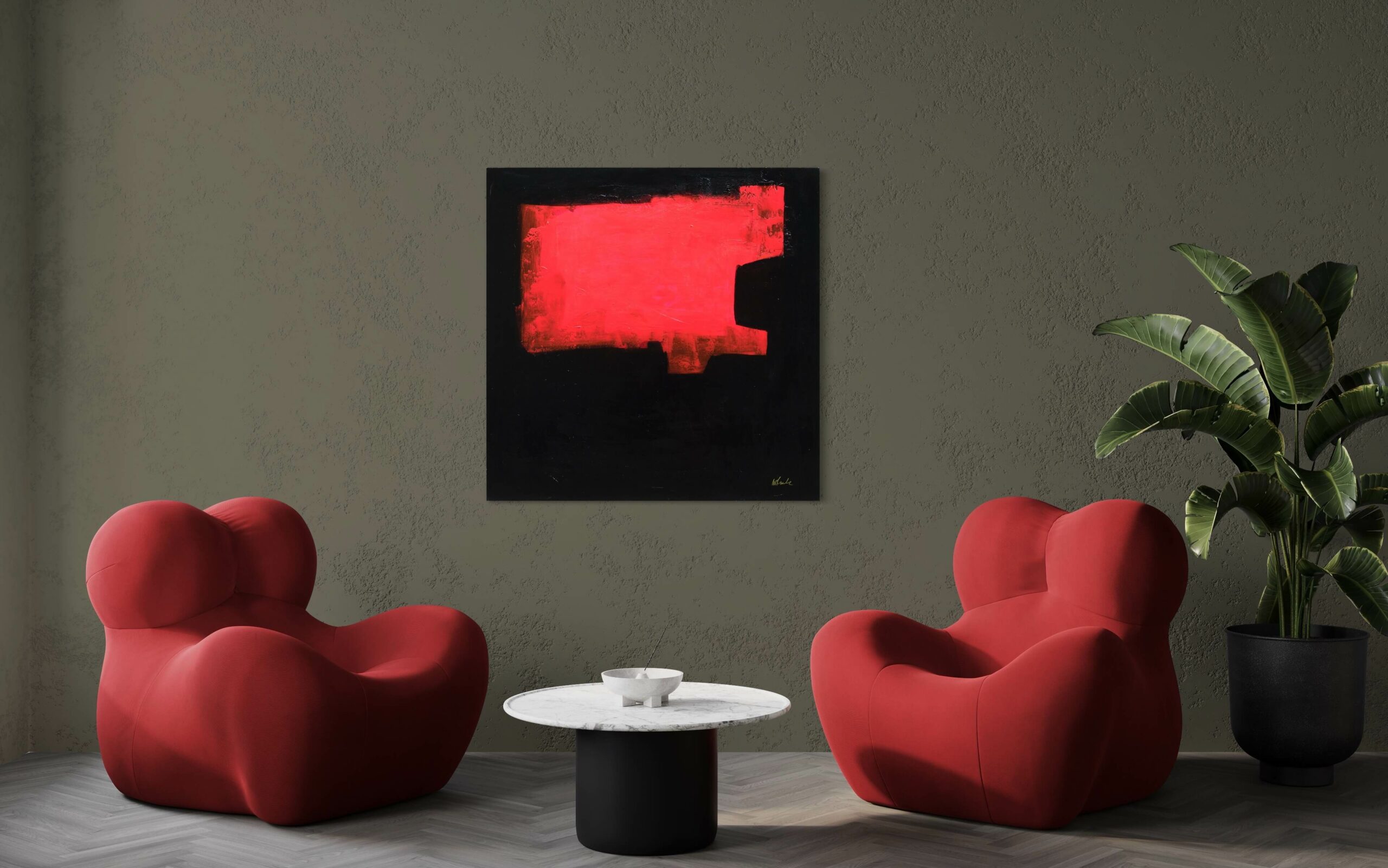 The elegance_black and fluorescent red_abstract painting_coffee corner_Wiktoria Florek