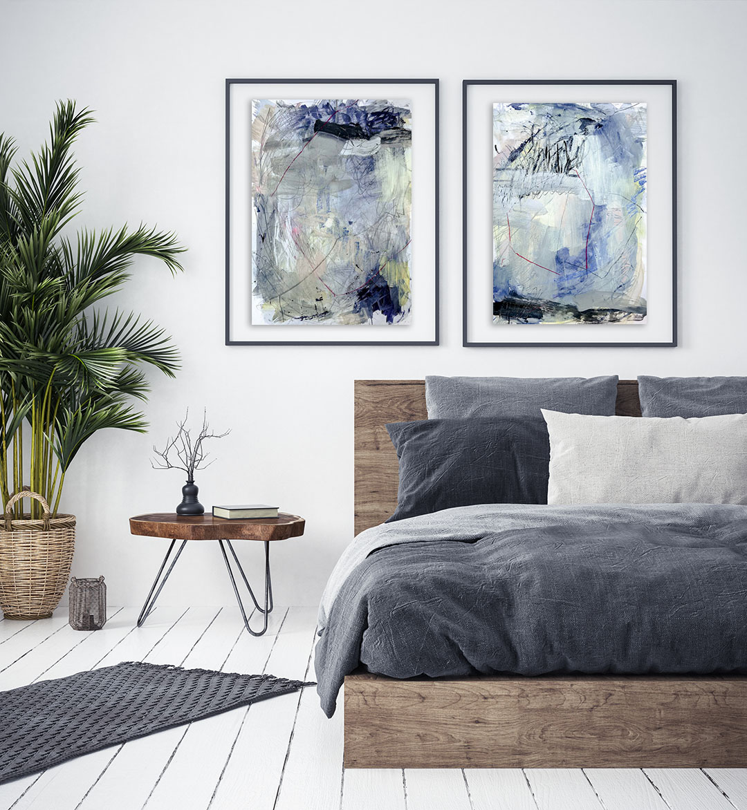 Blue Lagoon no 2 & 4, blue abstract paintings on paper by Wiktoria Florek
