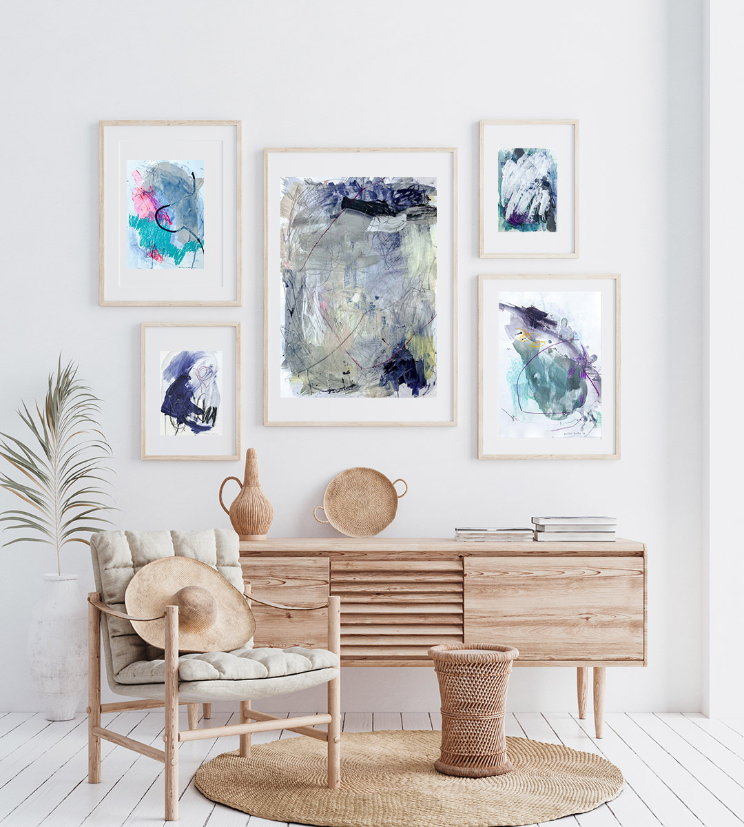 Gallery wall Wood, blue abstract paintings on paper by Wiktoria Florek